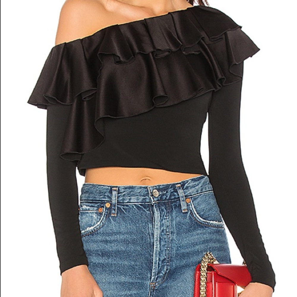 Alice + Olivia Black Off-Shoulder Ruffle Crop Top